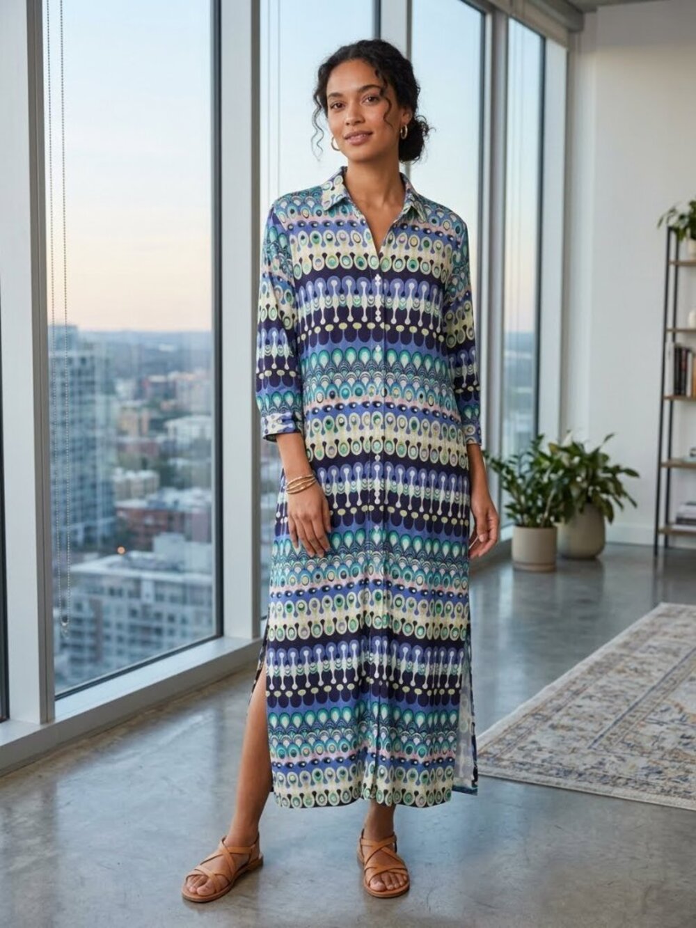 Vilagallo Retro Geometric Peacock Print Maxi Shirt Dress Blue Pink Size 40